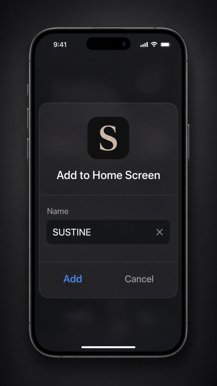 iPhone Add to Home Screen confirmation for SUSTINE.