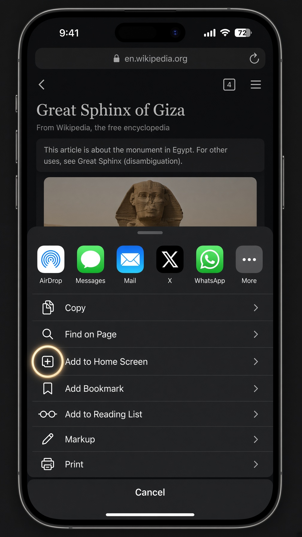 iPhone share sheet with Add to Home Screen highlighted.